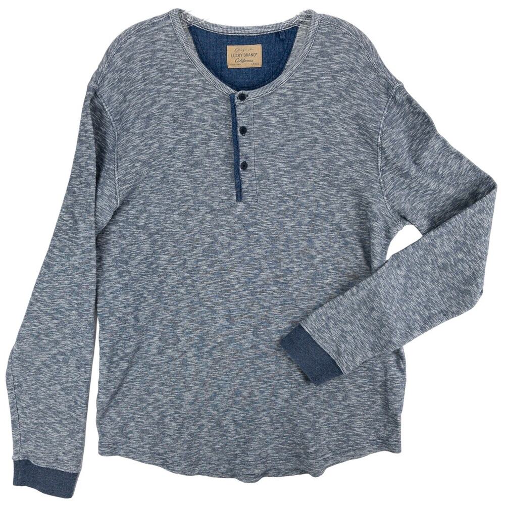 Lucky Brand Men’s Large Henley Long Sleeve Shirt Gray Blue 100% Cotton